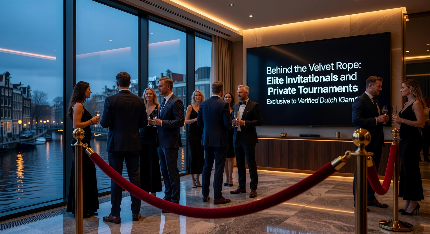Groep high-rollers in een privétoernooi-zaal, met kaarten en fiches op tafel onder kristallen kroonluchters, symboliserend exclusiviteit in de Nederlandse iGaming-scene