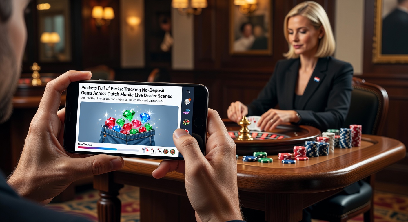 Mobiele scherm met live dealer blackjack tafel en no-deposit bonus pop-up op een Nederlands casino platform