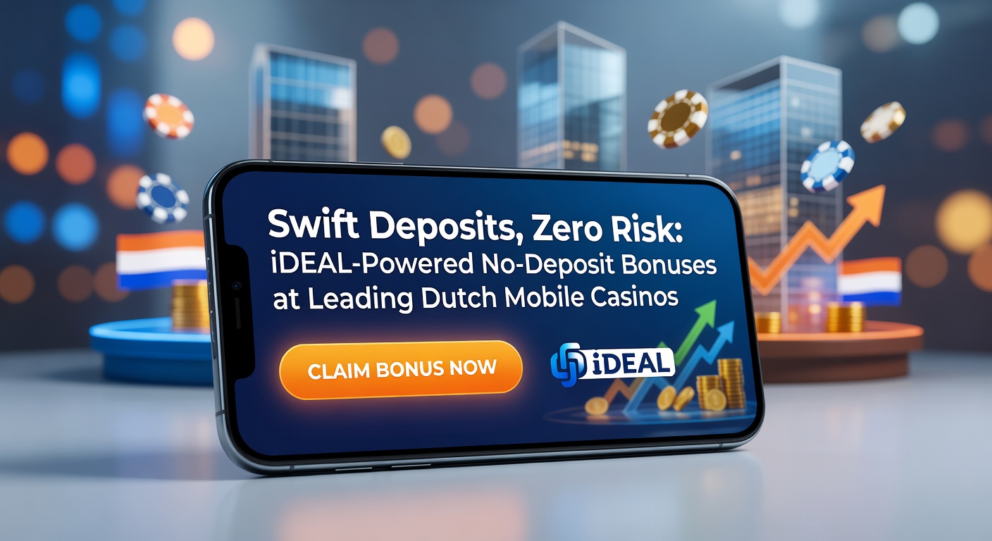 Schermafbeelding van een mobiel casino met iDEAL-knop en no-deposit bonusaanbod, inclusief snelle transactiebevestiging