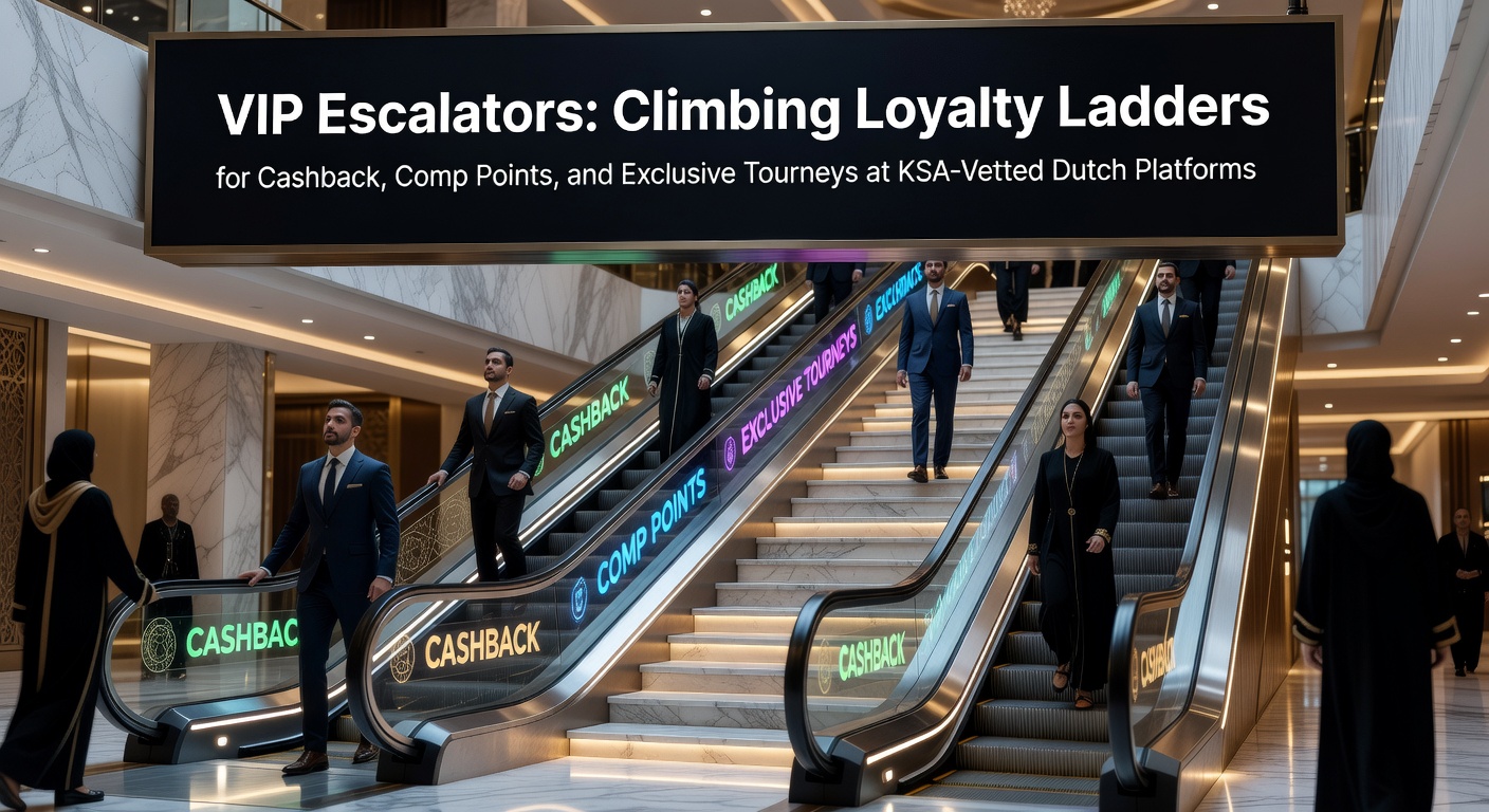 Speler beklimt een gouden ladder in een casino-omgeving met cashback-symbolen en trofeeën, symboliserend VIP-beloningen bij Nederlandse online platforms